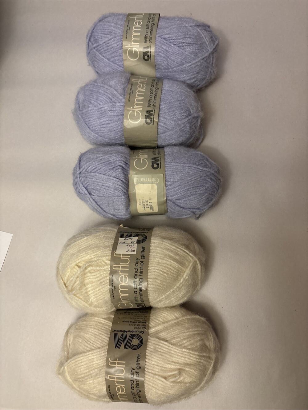 Lot Of 5 Vintage Columbia Minerva Glimmerfluff Yarn Bone 2824 Crystal Lilac 3844